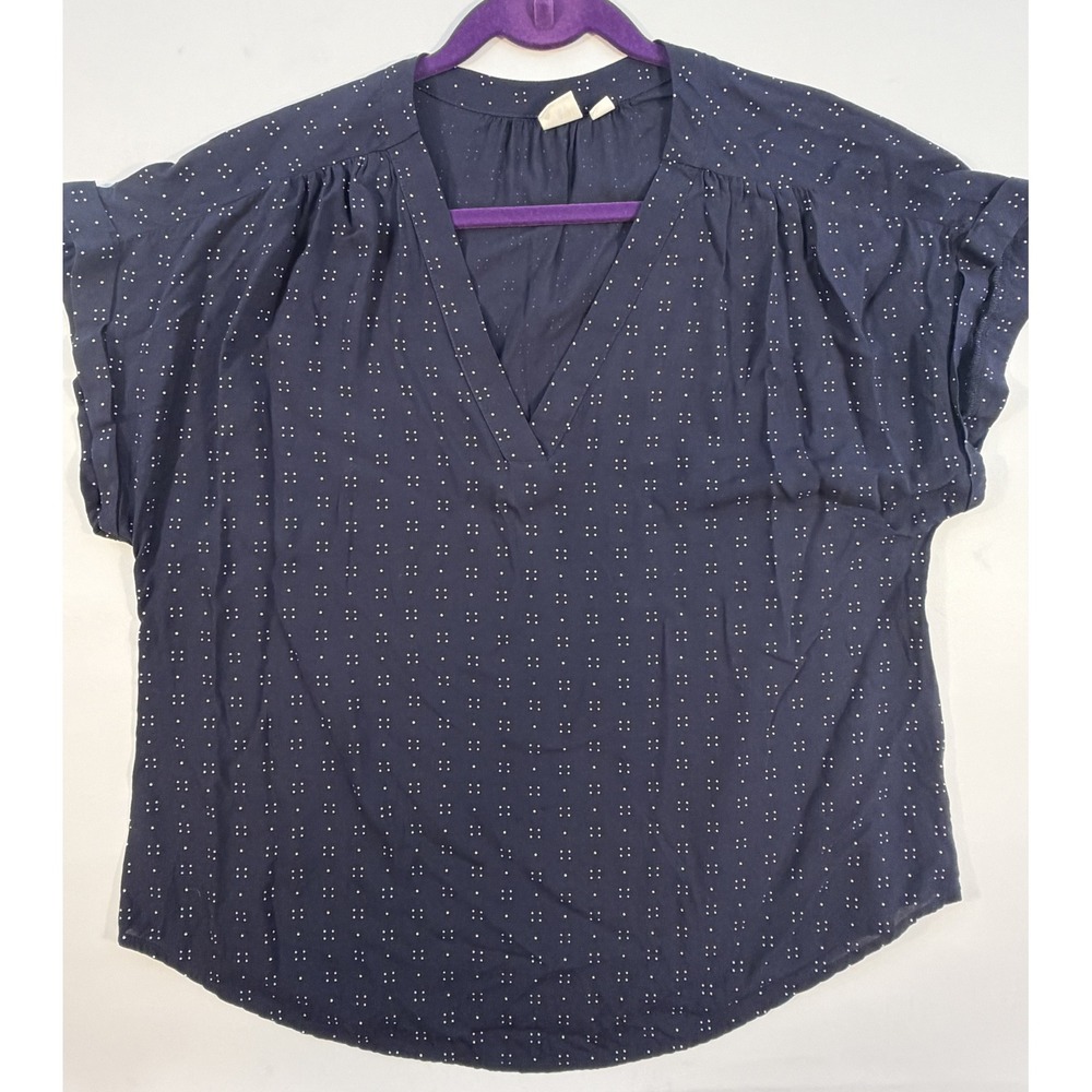 Gap V-Neck Blouse Womens Large Navy Blue Excellent Dot Print Short Sleeve Top